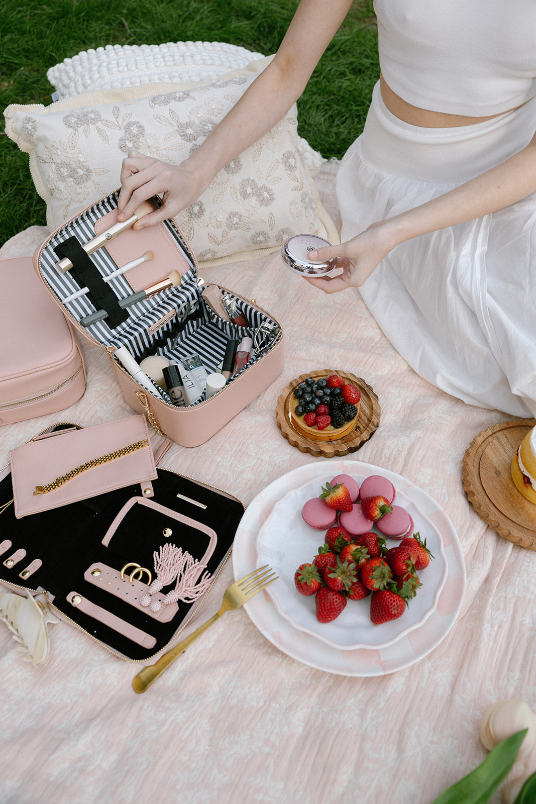 Pink Train Case, strawberries and organized jewelry case